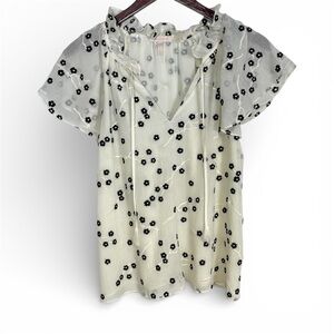 Rebecca Taylor Black and White Floral Cotton/Silk Blend Blouse Size 8